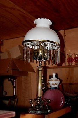 Antique Bradley & Hubbard Lion Footed Crystal Prism Table Oil Lamp Converted