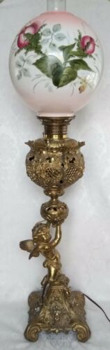 ANTIQUE MERIDEN VICTORIAN GWTW Bronze CHERUB Oil Lamp Hand Painted  Converted