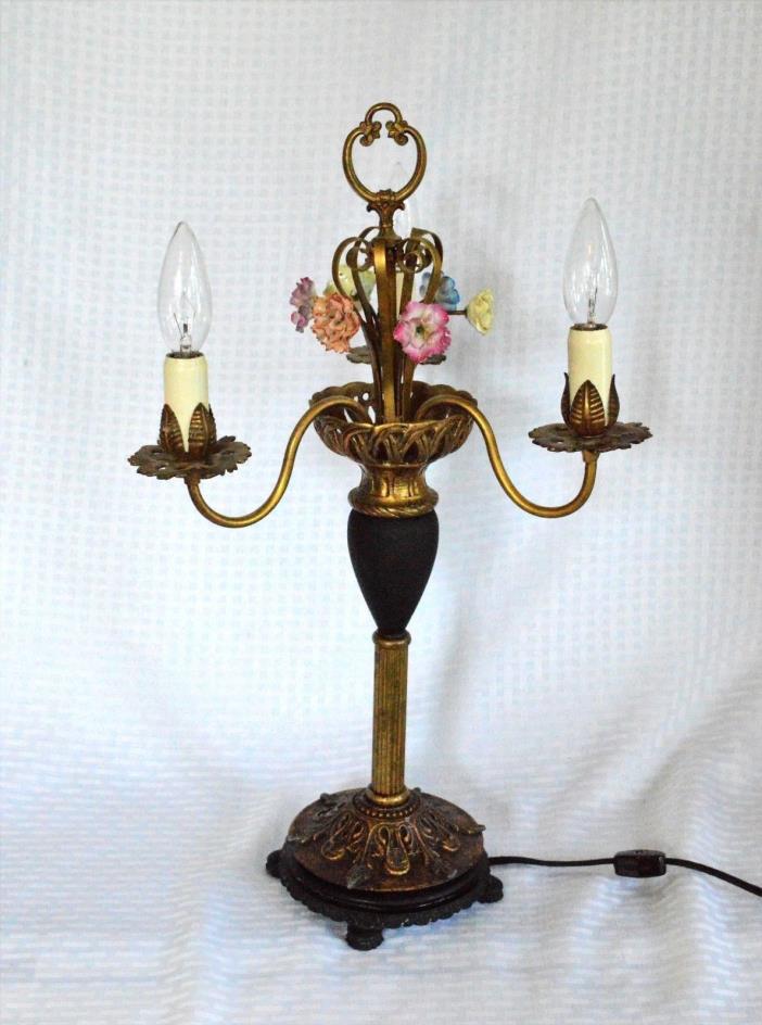 Vintage Tole Gold Italian 3 Light Lamp Porcelain Flowers Italy Floral Circa 1940