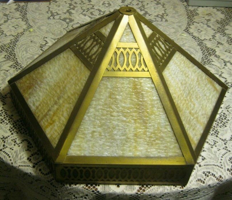 Antique Brass (Metal) Frame Slag Glass Hexagonal Lamp Shade