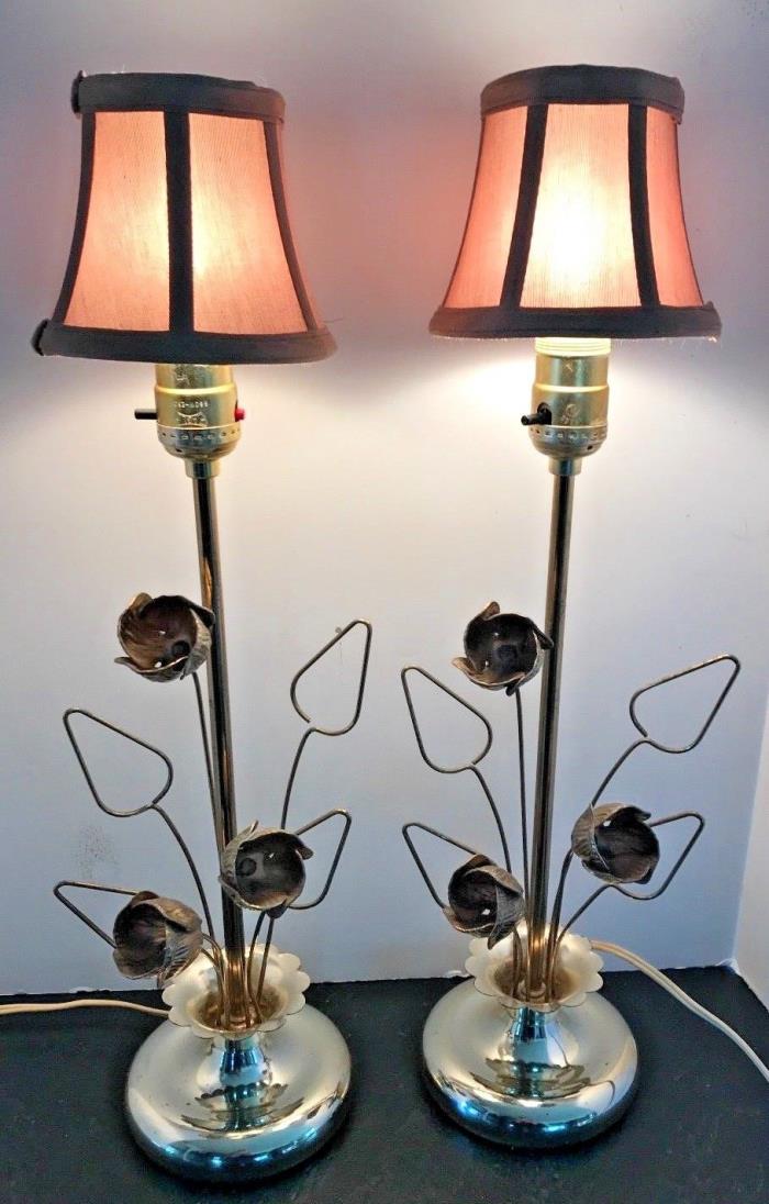MCM Brass Dresser Vanity Table Lamps Pair Flowers Leaves Vintage