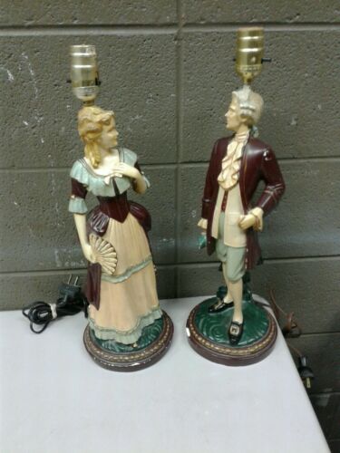 Pair Vintage Chalkware Colonial Man Woman Couple Table Lamp 19