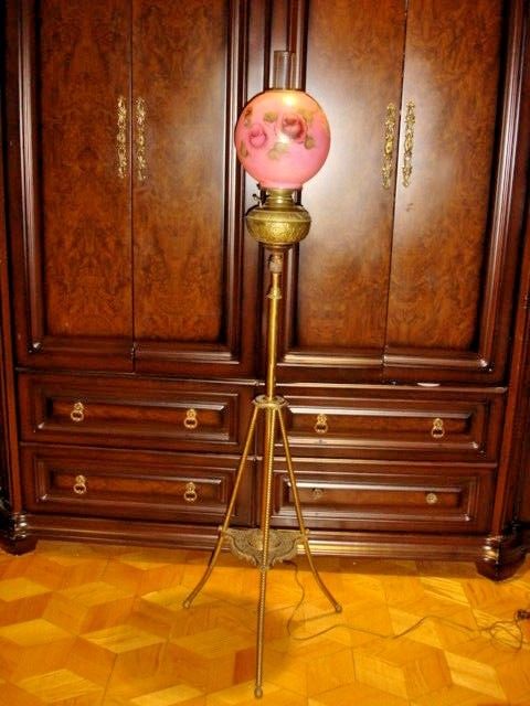 Antique Brass Piano/Organ Floor Lamp, hand blow glass shade.