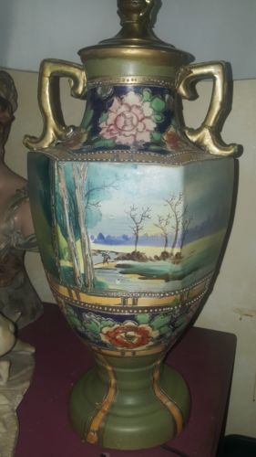 ANTIQUE 1800S  POTTERY PORCELAIN JAPANESE ASIAN LAMP OLD ROSES BEAUTIFUL WORKS!