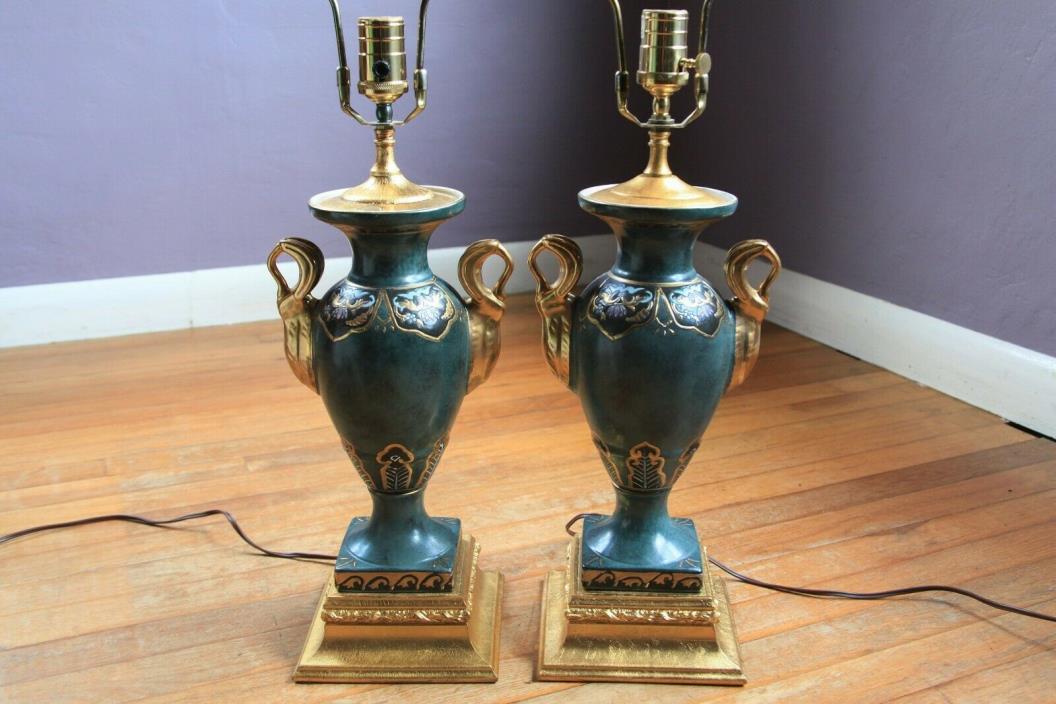 Pair of Vintage Heyward House Neoclassical Gilt Lamps Green and Gold Decorative