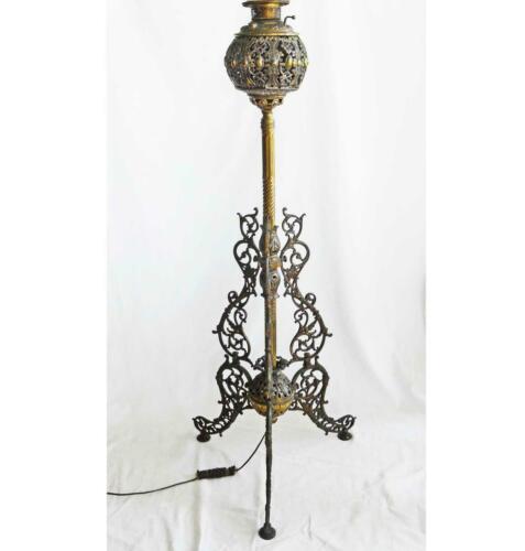 Victorian Fancy Brass Iron Parlor Floor Lamp Antique Filigree Oil Electric 1876