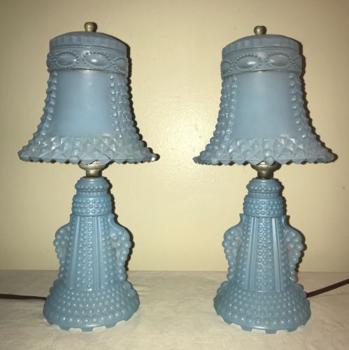 Pair of Vintage Frosted Fenton Glass Bourdoir Vanity Table Lamps Baby Blue