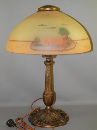 ANTIQUE SIGNED PITTSBURGH TABLE LAMP HAND PAINTED SCENIC GLASS SHADE