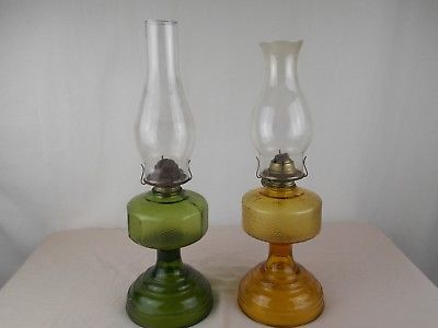 2 Antique Hurricane Glass Kerosene Oil Lamps Eagle Yellow + Green Floral Base