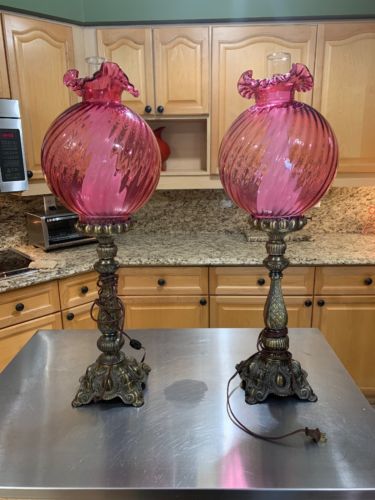 Pair Of Fenton Rose Pink Cranberry Color Lamp Brass Antique 33 Inch