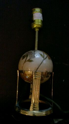 Small Vintage Cloisinne Table Lamp Brass Floral Tan