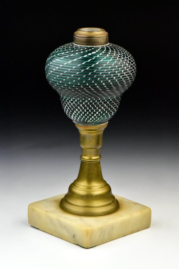 Antique 19th Century Green & White Swirl Reed Glass Font Oil Lamp