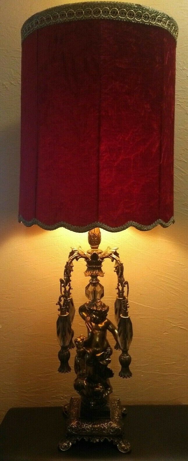 Antique Vtg L&LWMC Cherub/Cupid Lamp w/Hanging Prisms Lamp Hollywood Regency