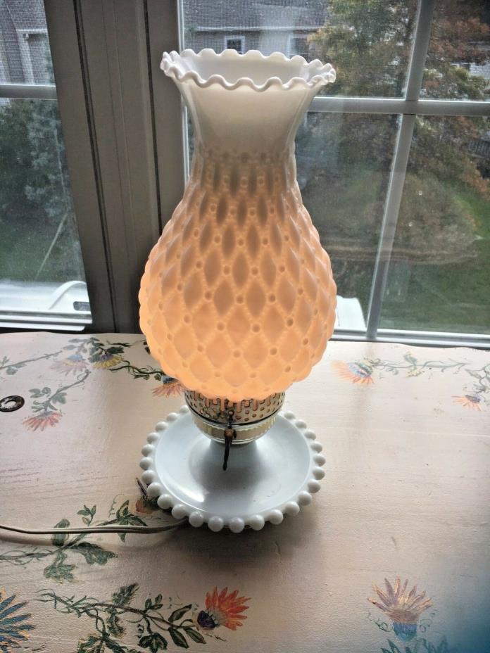 Vintage (1950) Milk Glass Lamp with hurricane shade quilted diamond pattern 14