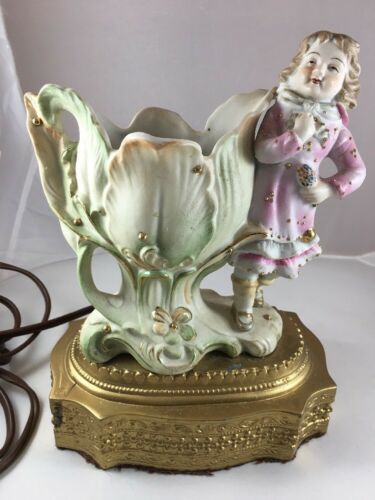 Antique Victorian Boy w/ Flower Figurine LAMP Porcelain & Brass
