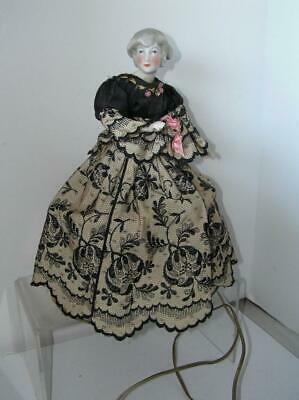 Antique Victorian porcelain Half Doll Lace full dress ribbed wire support Lamp