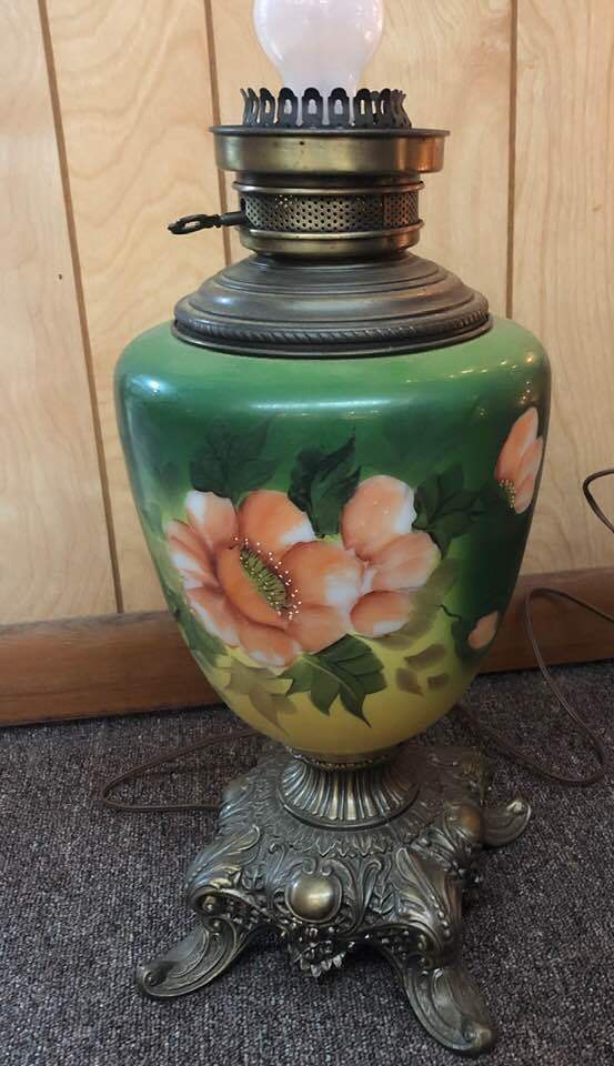 ANTIQUE Vintage Glass Parlor Hurricane Lamp Green Hand Painted Roses Brass Base