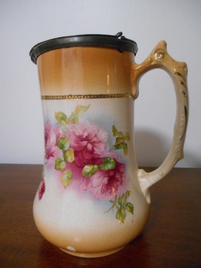 Porcelain Oil Lamp Filler Pitcher Decanter Tin Flap Gold Trim Transferware