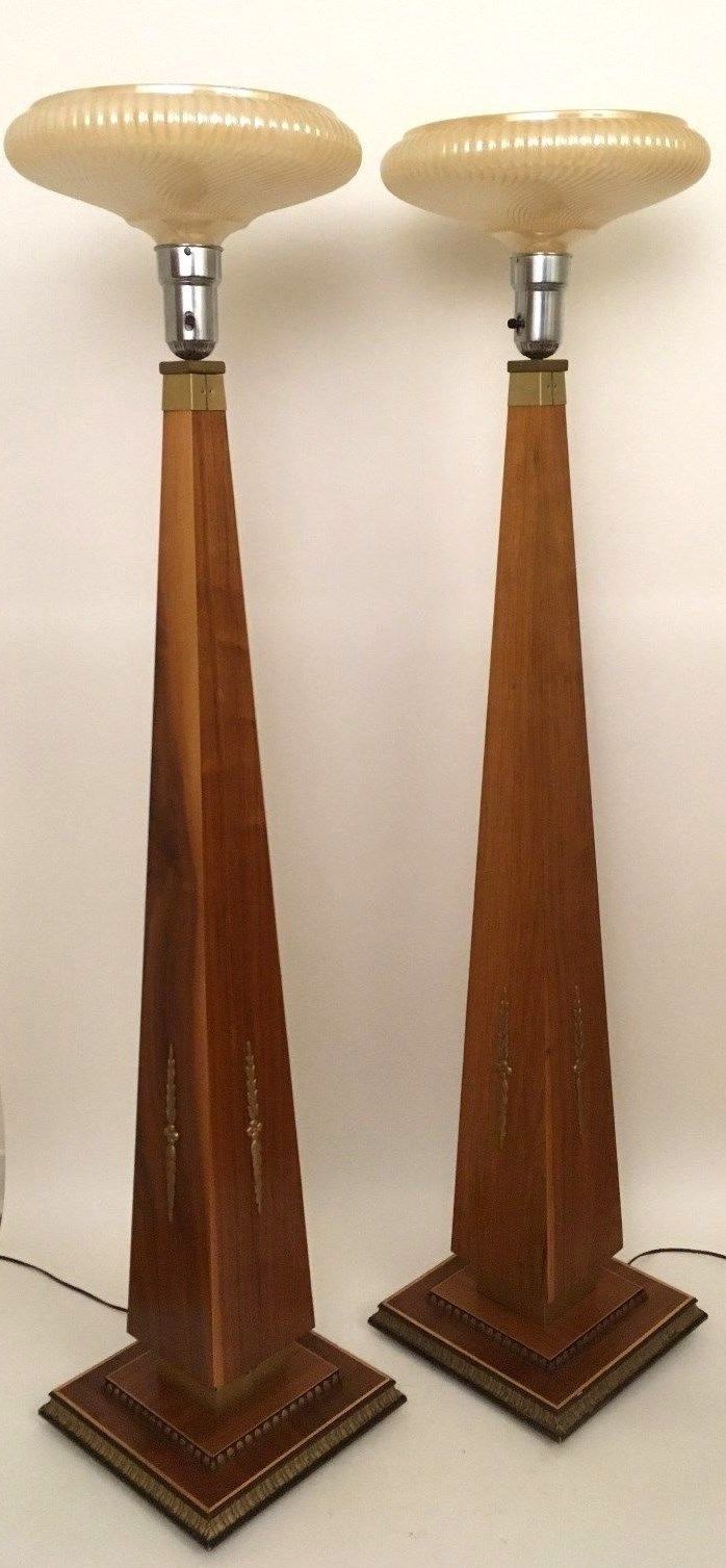 Vtg 1930s/40s ANTIQUE Art Deco OBELISK Church OAK Floor Lamps PAIR Parzinger ERA