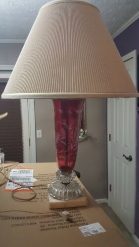 Antique CRANBERRY   BOHEMIAN Etched Glass And Marble Base LAMP