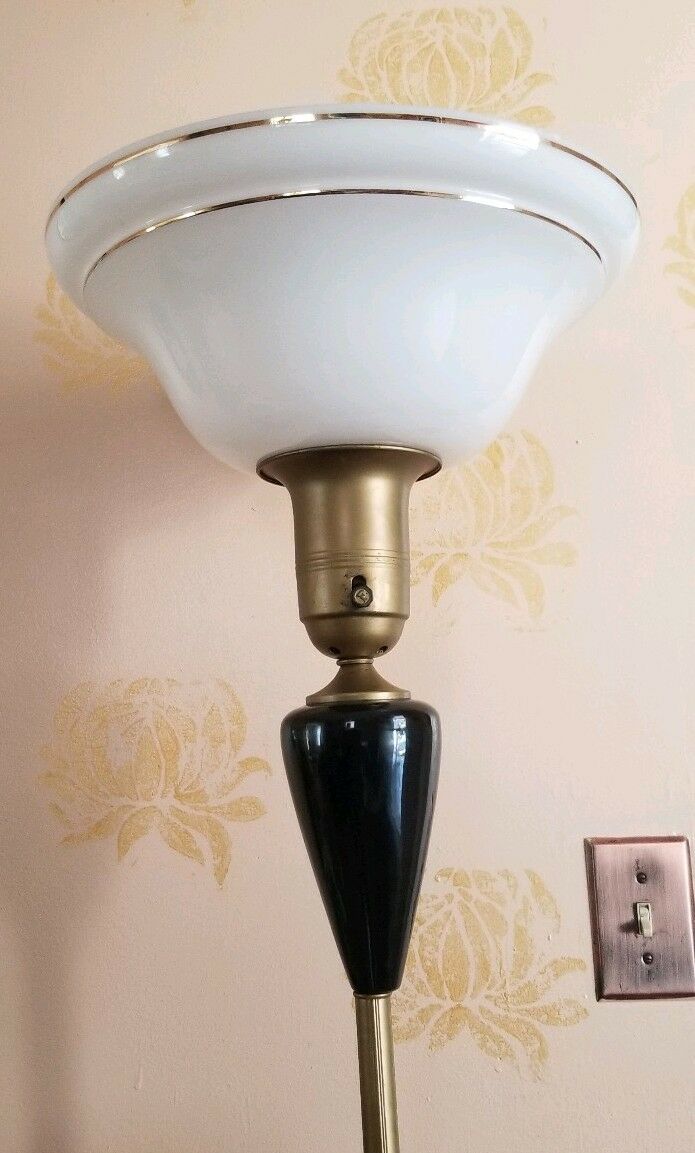 Large Vintage Art Deco Neoclassical Torchiere Floor Lamp Black & Gold with Shade