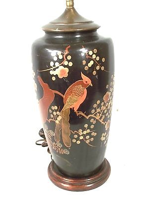 ANTIQUE EARLY 20th CENTURY ASIAN ORIENTAL BLACK CERAMIC LAMP-EXOTIC RED BIRD