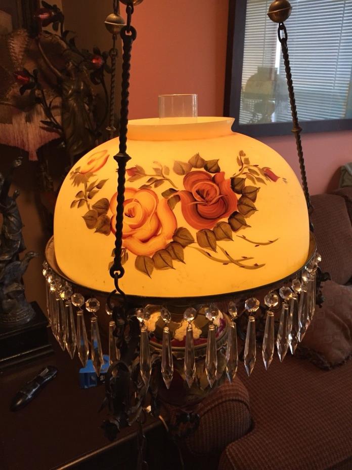 Antique Victorian Library Hanging Lamp Chandelier Hand Painted Glass Shade