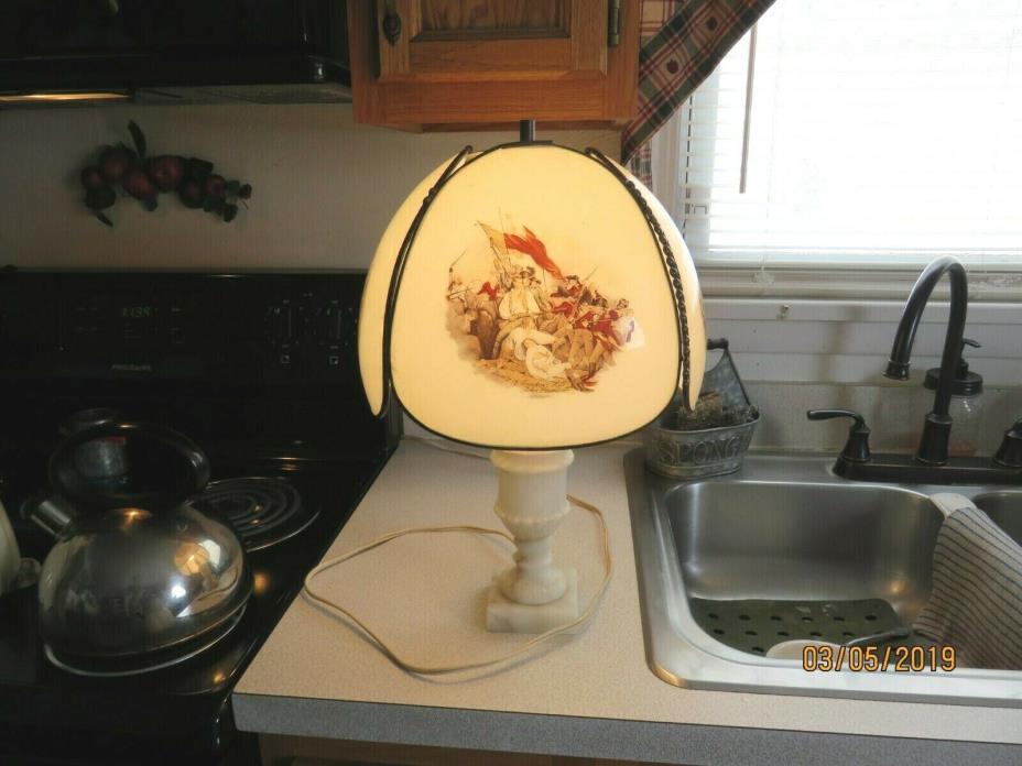 Antique painted Glass Shade with  table  BASE Lamp showing our  Country History