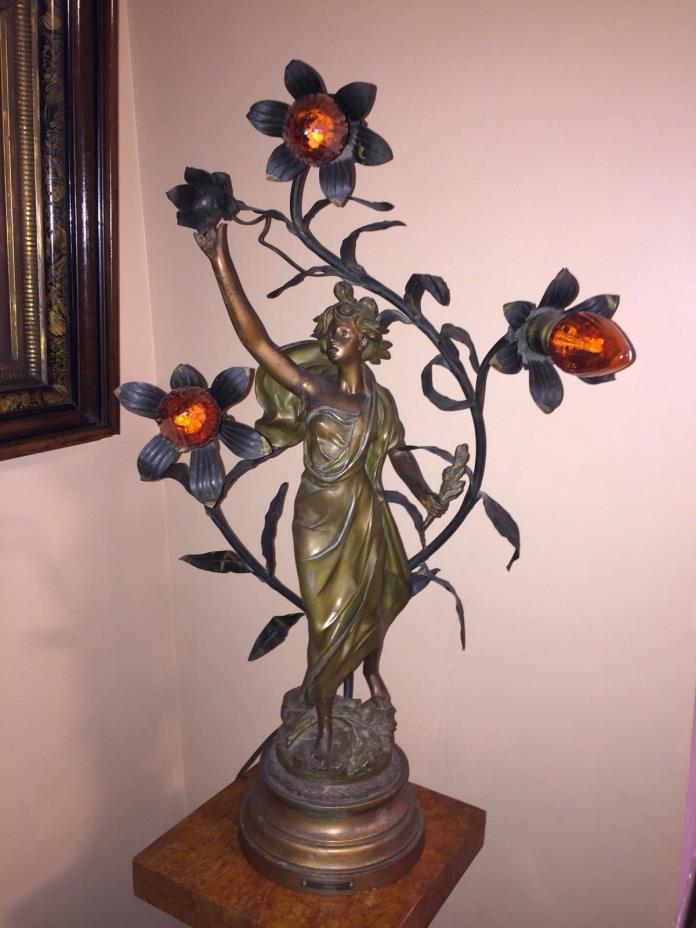 Large Antique 1920's Victorian Newel Post Lamp Art Nouveau Lady Statue