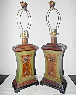 LAMPS A PAIR 3-WAY FANCY COLOR HOTEL STYLE TROPICAL THEMED WOOD PALM TREE LAMPS