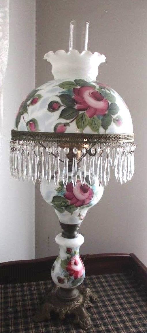 Gone with the Wind Banquet or Parlor Lamp with Hand Painted Roses & 52 Prisms