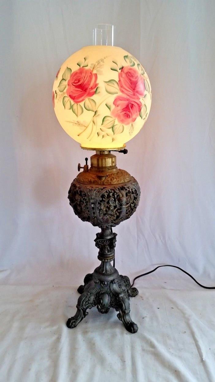 Antique tall Ornate Victorian Cherubs Oil Lamp electrified,Rose floral Shade