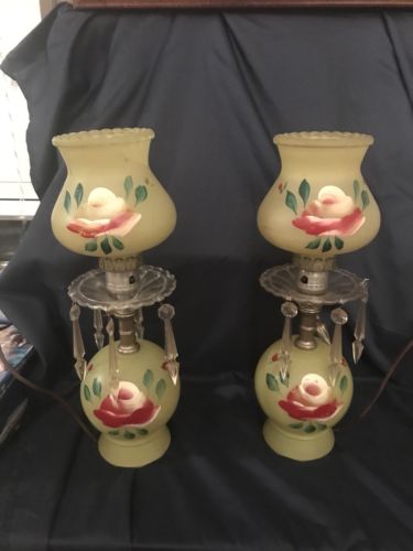 2 VINTAGE PAINTED Green glass  FLOWER GONE WIND LAMP BASES
