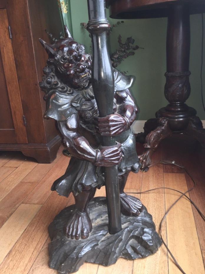 Antique Japanese Oni Carved Wooden Floor Lamp Gargoyle Horns Gothic Figure RARE