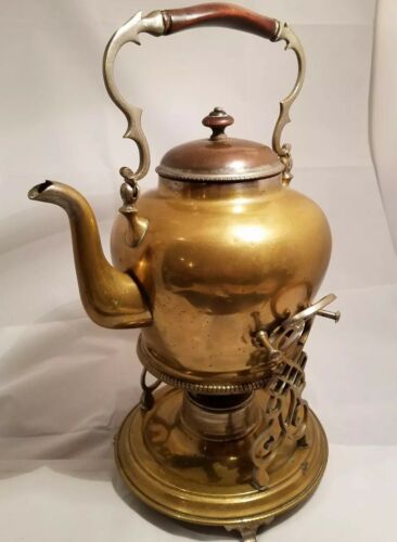 ANTIQUE BRASS TEAPOT KETTLE WITH TIPPING WARMING STAND & BURNER