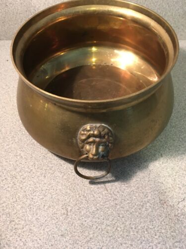 Vintage Ornate Solid Brass Bowl with Lion or Foo Dog Heads Handles India