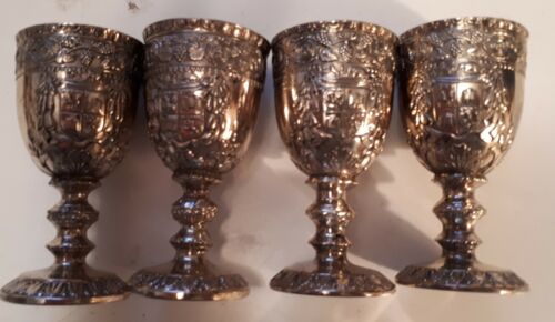 SET OF 4 BEAUTIFUL LIQUOR  GOBLETS-PLATED EMBOSSED METAL-EXCELLENT-NEW & UNUSED