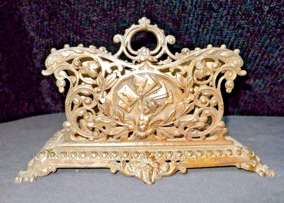 ANTIQUE HEAVY BRASS LETTER FILE HOLDER WITH PUTTI MAILMAN Perhaps for Napkins