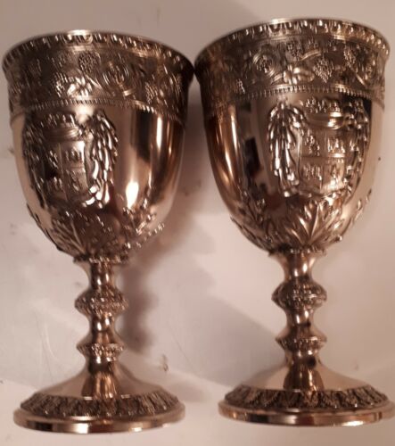 TWO BEAUTIFUL LARGE WINE CHALICES-PLATED EMBOSSED METAL-EXCELLENT-NEW & UNUSED