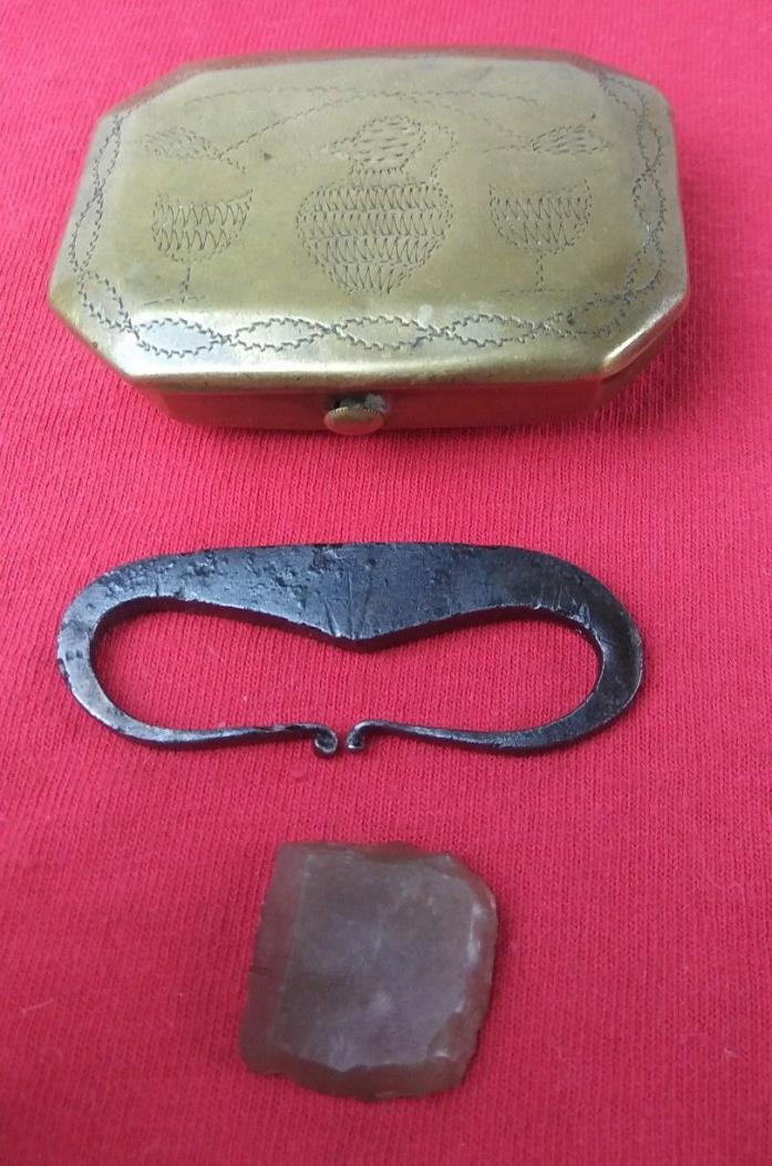 RARE Early American Hand Engraved Brass w Iron Striker Pioneer Antique