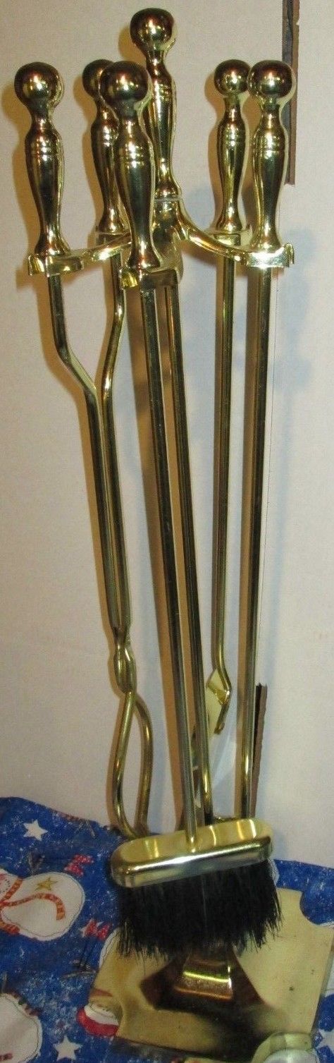 Vintage BRASS 4 Piece Fireplace Tool Set Fire Place w stand