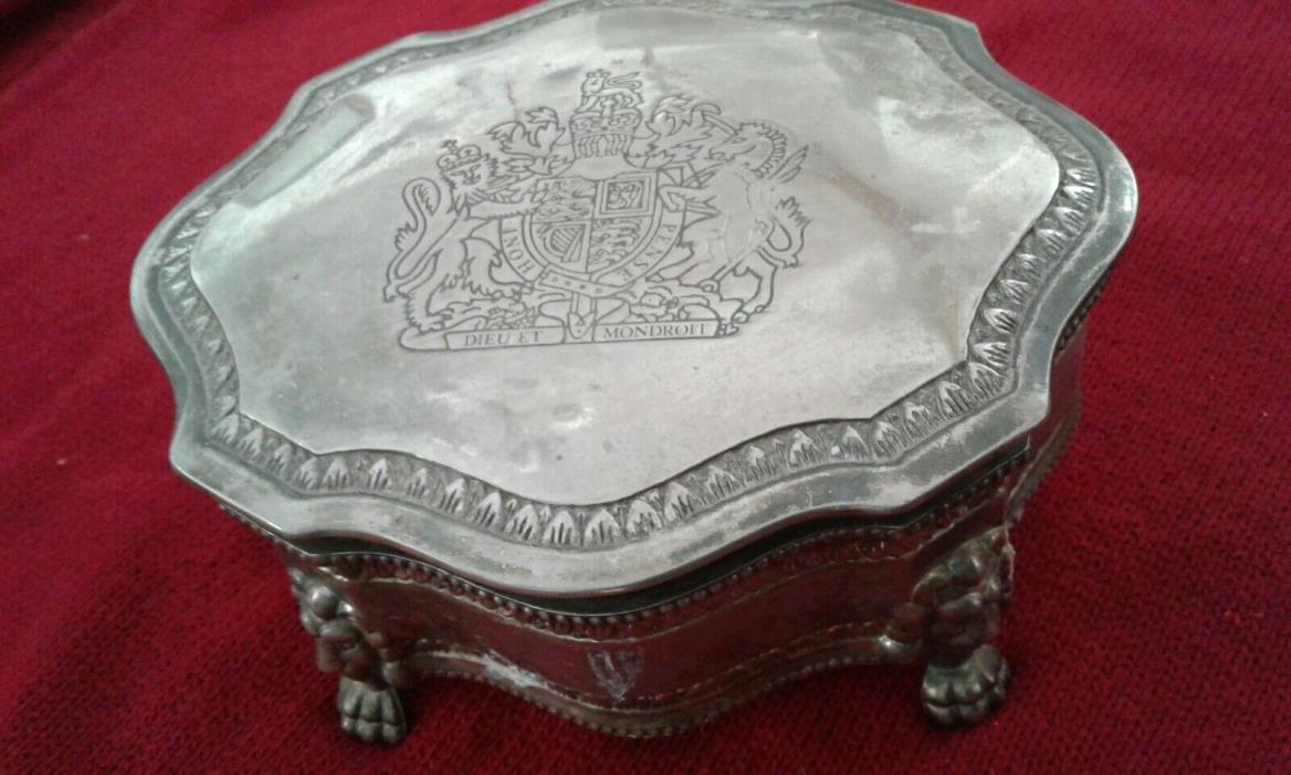 Vintage Silver Plated Jewelry Box British Royal Coat of Arms Lion Head Legs