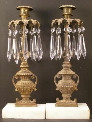 19c Victorian Bronze Marble Prism Candle Stick Holder Girandoles Lustre Urn Ewer