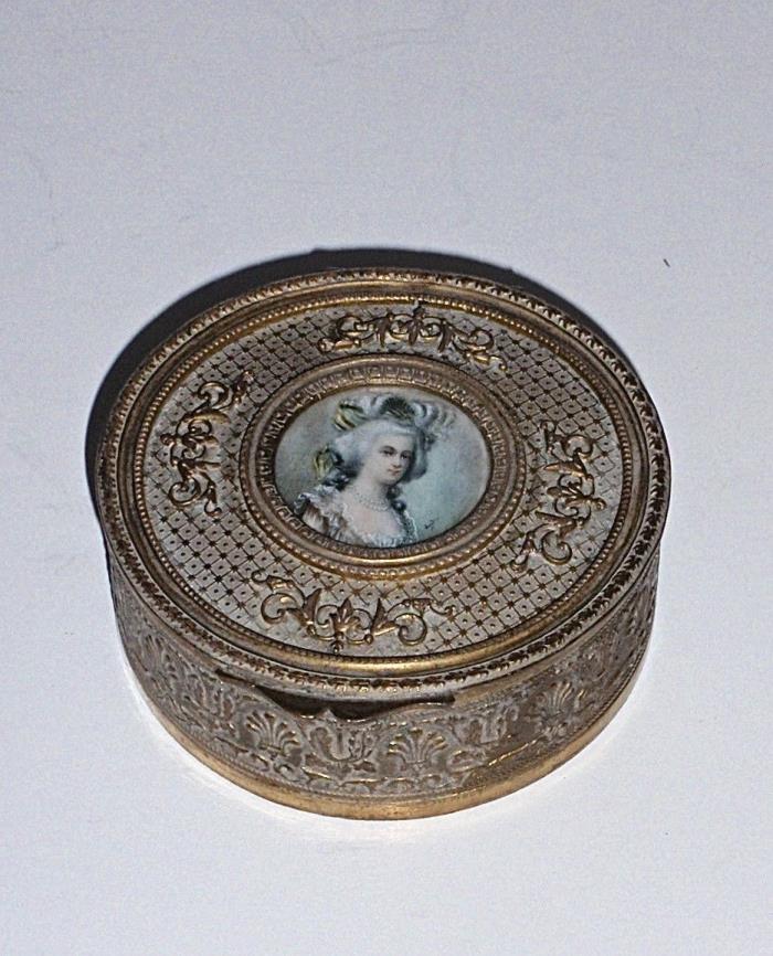 Antique French Gilt Hand Painted Miniature Portrait Trinket Box, Artist Signed