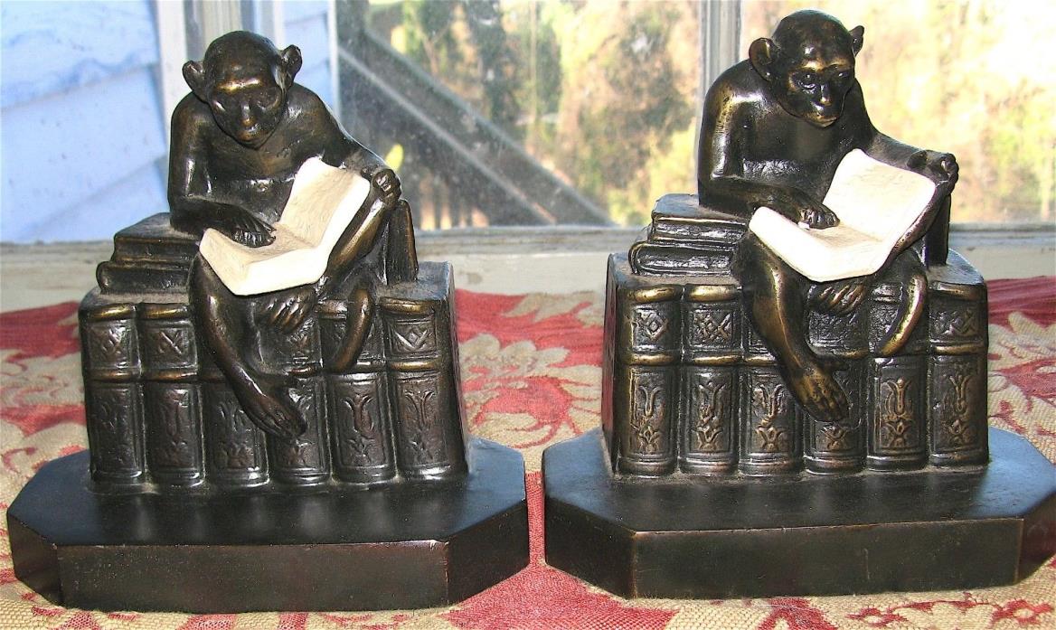 Rare Antique Pair Bookends: MONKEYS READING IVORINE BOOK   J.B. Hirsch.. 1932 VG