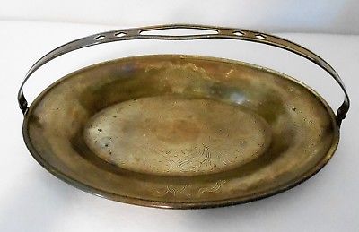 Antique Brass Tray with Hinged Handle, Engraved Flower Baskets, 11 1/2