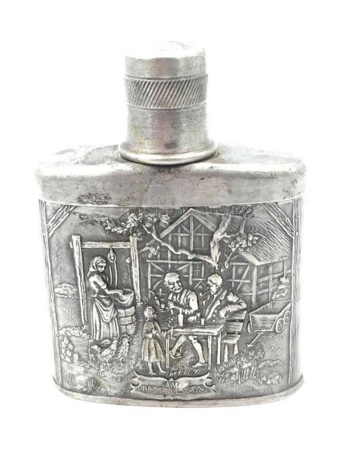 Vintage 94% Zinn German Pewter Flask Am Dorfbrunnen Nice