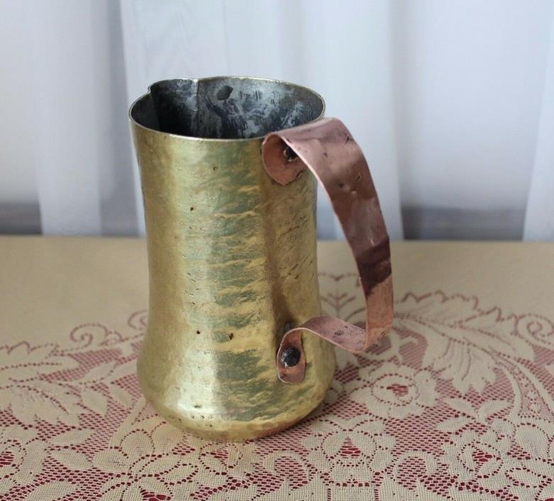 Antique Rustic Hammered Brass & Copper Trench Art WW I Pitcher Mug Primitive
