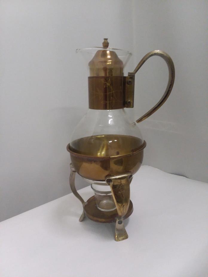 Vintage Brass Plated Glass Coffee/Tea Carafe Pitcher w Footed Warmer Stand