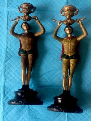 Candle Stick Holder Ornate Figurine Men Vintage Set of 2. 10.5”.  2 Pounds Each